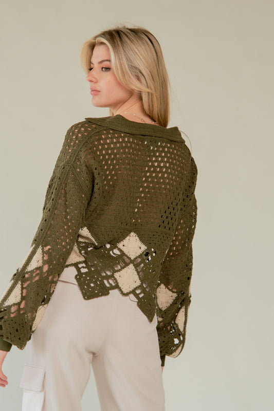 Women's Open Crochet Argyle Sweater | Collared V-Neck Lightweight Cropped Knit Pullover