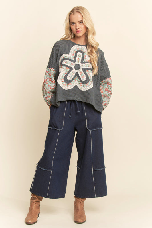 Women's Floral Patchwork Waffle Knit Top | Contrast Balloon Sleeve Relaxed Fit Sweater