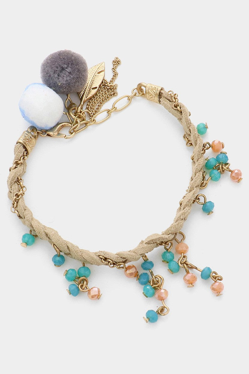 Pom Pom Pearl Charm Braided Suede Bracelet