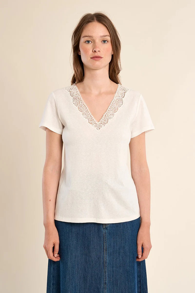 Straight Fit V-Neck Tee with Openwork Cutouts – Flattering Short Sleeve Top
