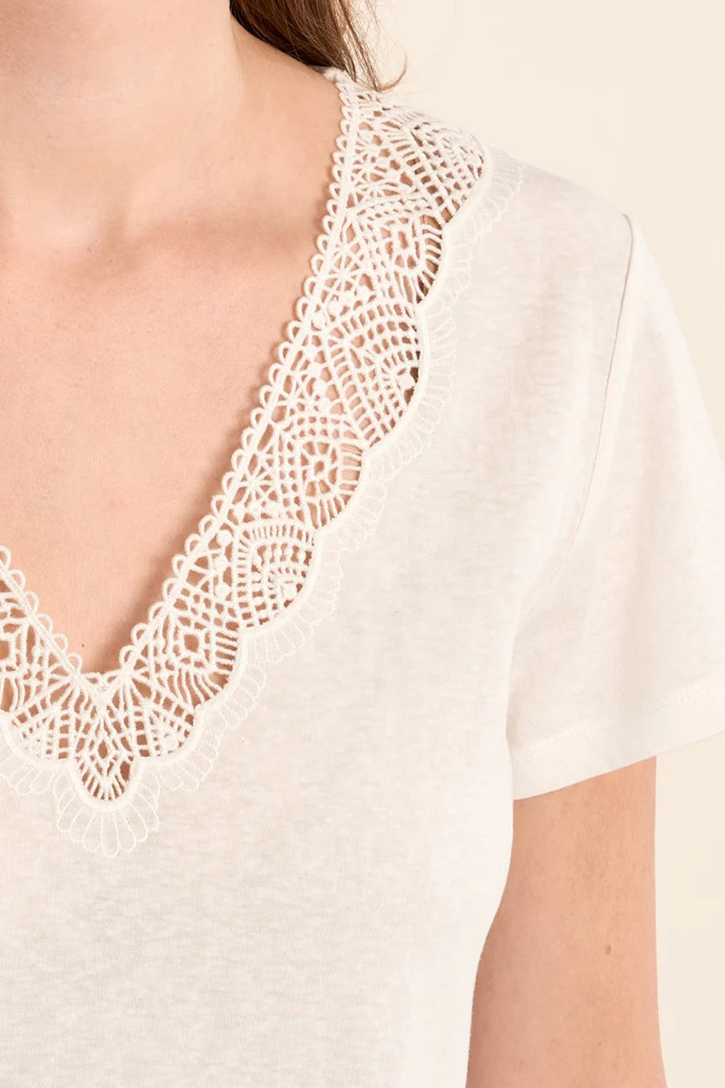 Straight Fit V-Neck Tee with Openwork Cutouts – Flattering Short Sleeve Top