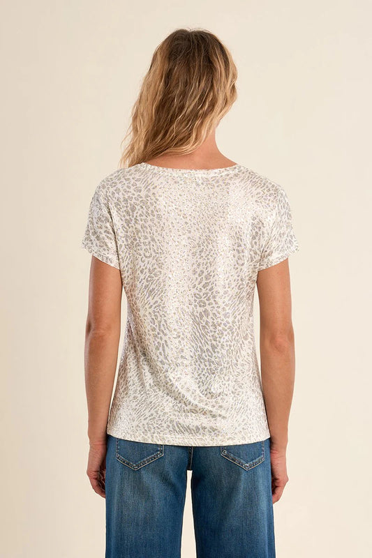 Iridescent Leopard Print V-Neck Tee – Flattering Straight Fit Short Sleeve Top