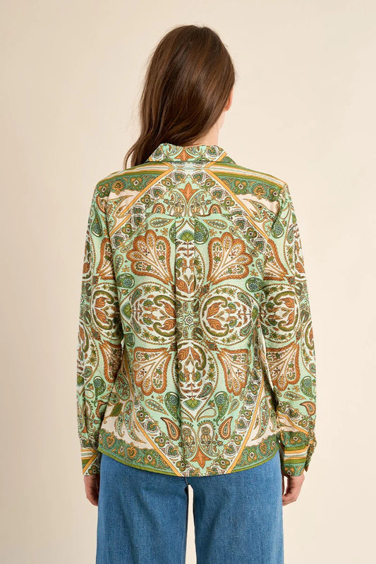 Scarf-Print Satin-Effect Button-Up Shirt – Flattering Long Sleeve Blouse