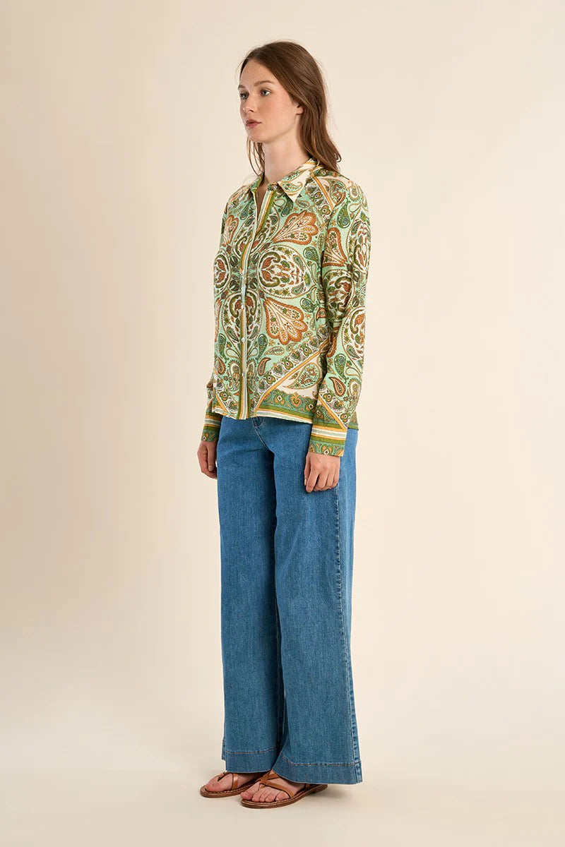 Scarf-Print Satin-Effect Button-Up Shirt – Flattering Long Sleeve Blouse