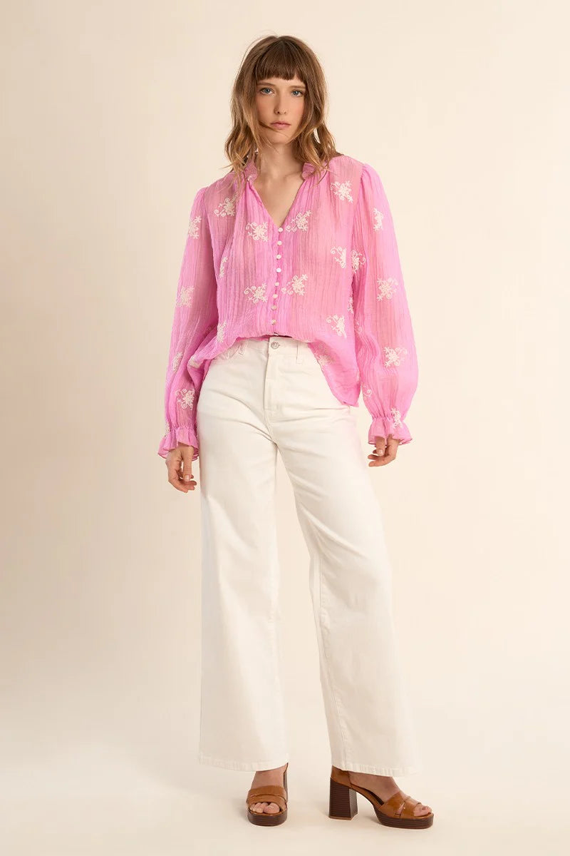 Semi-Sheer Embroidered V-Neck Blouse – Flattering Long Sleeve Button-Up Top
