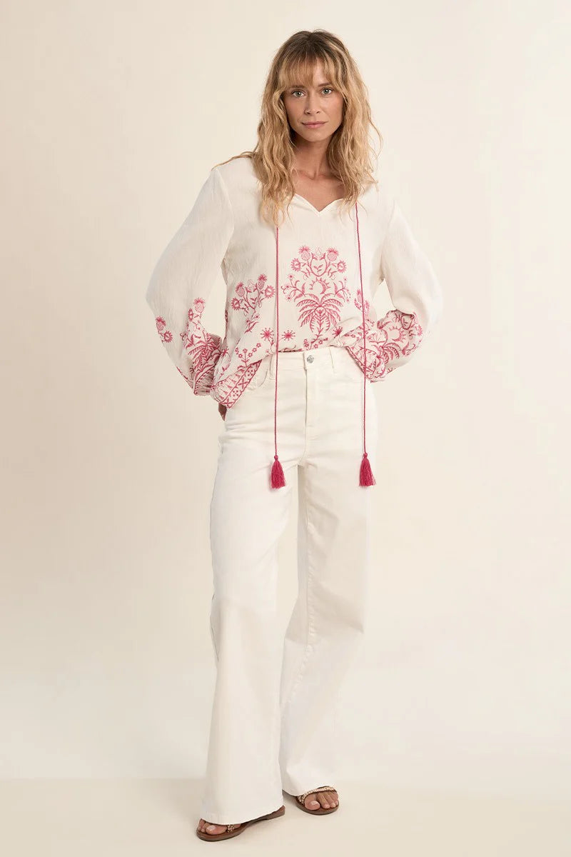 Pink Embroidered Poplin Blouse – Flattering Straight Fit Round Neck Top with Pompom Ties