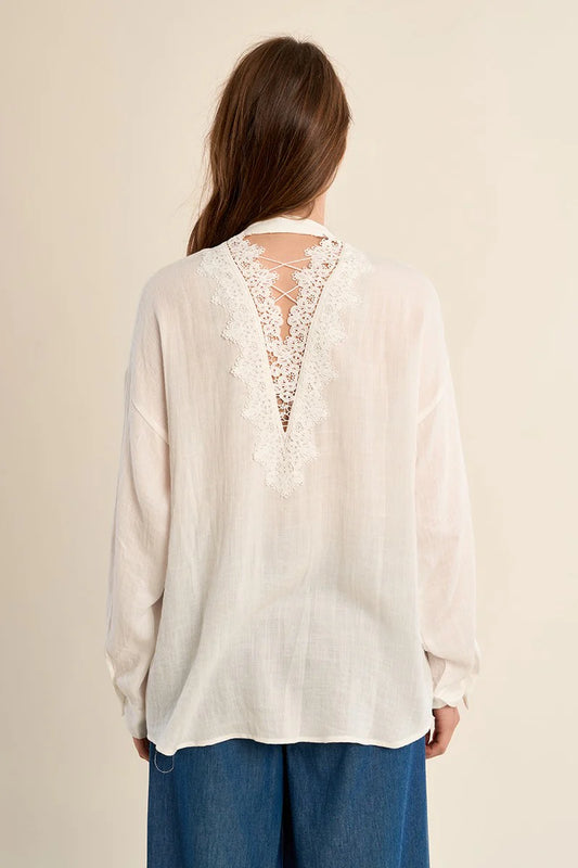 Lace-Back Mandarin Collar Shirt – Flattering Long Sleeve Button-Up Top