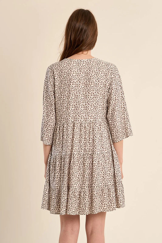 Leopard Print V-Neck Ruffle Dress – Flattering Short Flared Sleeve Dress