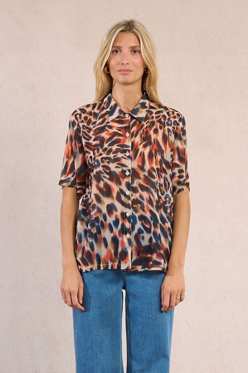 Animal Print Button Down Blouse with Shirt Collar & Semi-Sheer Fabric