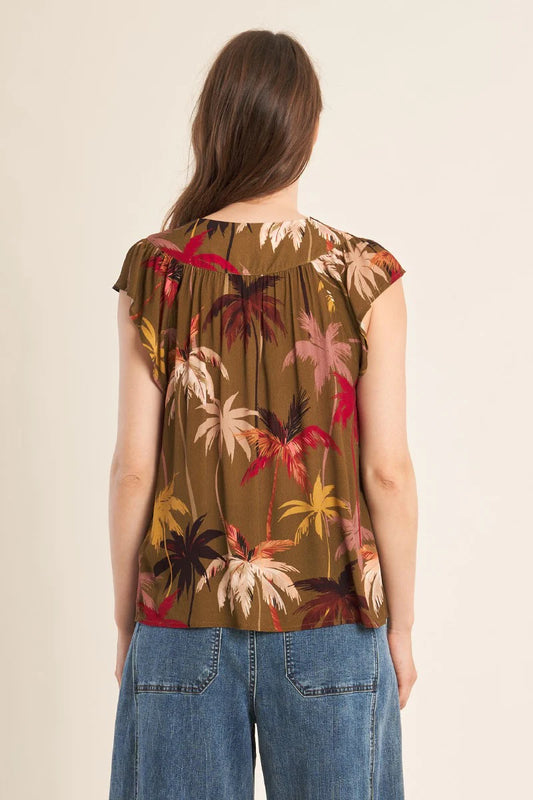 Earth Tone Palm Tree Print Flared Top with Knotted Collar & Ruffled Butterfly Sleeves