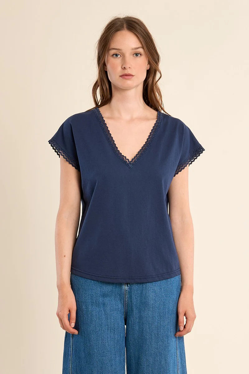 Navy V-Neck Lace Detail Top with Cap Sleeves – Elegant Straight Fit Blouse