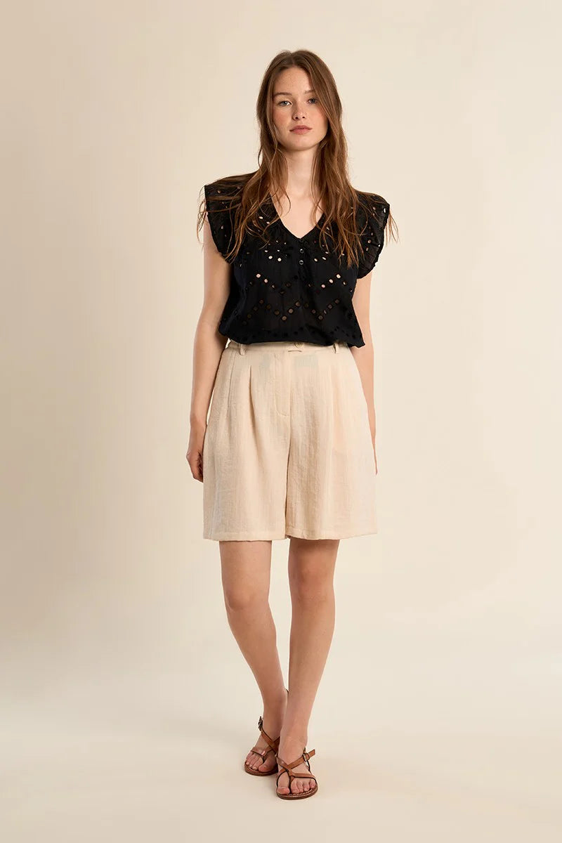 Black Openwork Embroidery Top – V-Neck Button Detail Blouse with Ruffled Short Sleeves