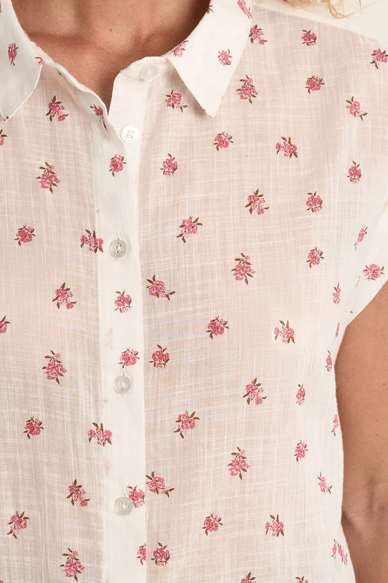 Floral Sleeveless Cotton Blouse – Shirt Collar Button Front Top