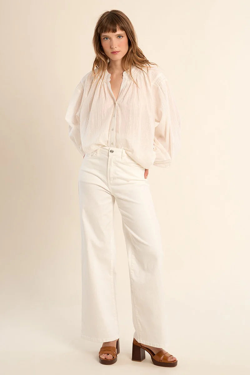 White Cotton Blouse with Mandarin Collar & Ruffle Detail – Wide Fit Long Sleeve Button Cuff Top