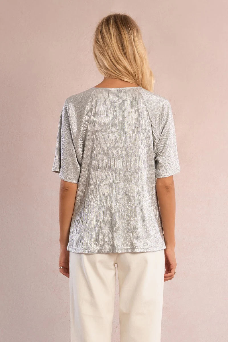 Iridescent Pleated V-Neck Top with Ring Detail – Flattering Short Sleeve Blouse