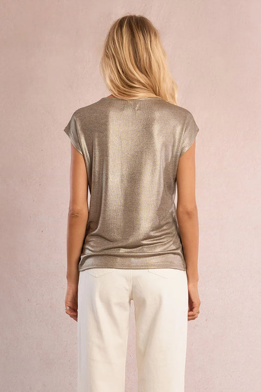 Iridescent V-Neck T-Shirt with Cap Sleeves – Shimmer Finish Straight Fit Tee