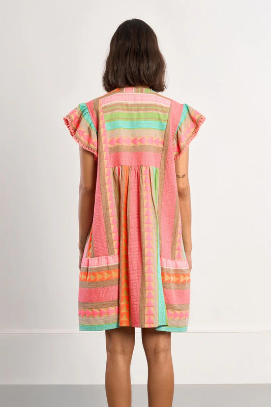 Multicolor Short Sleeve V-Neck Button Dress – Lightweight Printed Summer Dress for Women