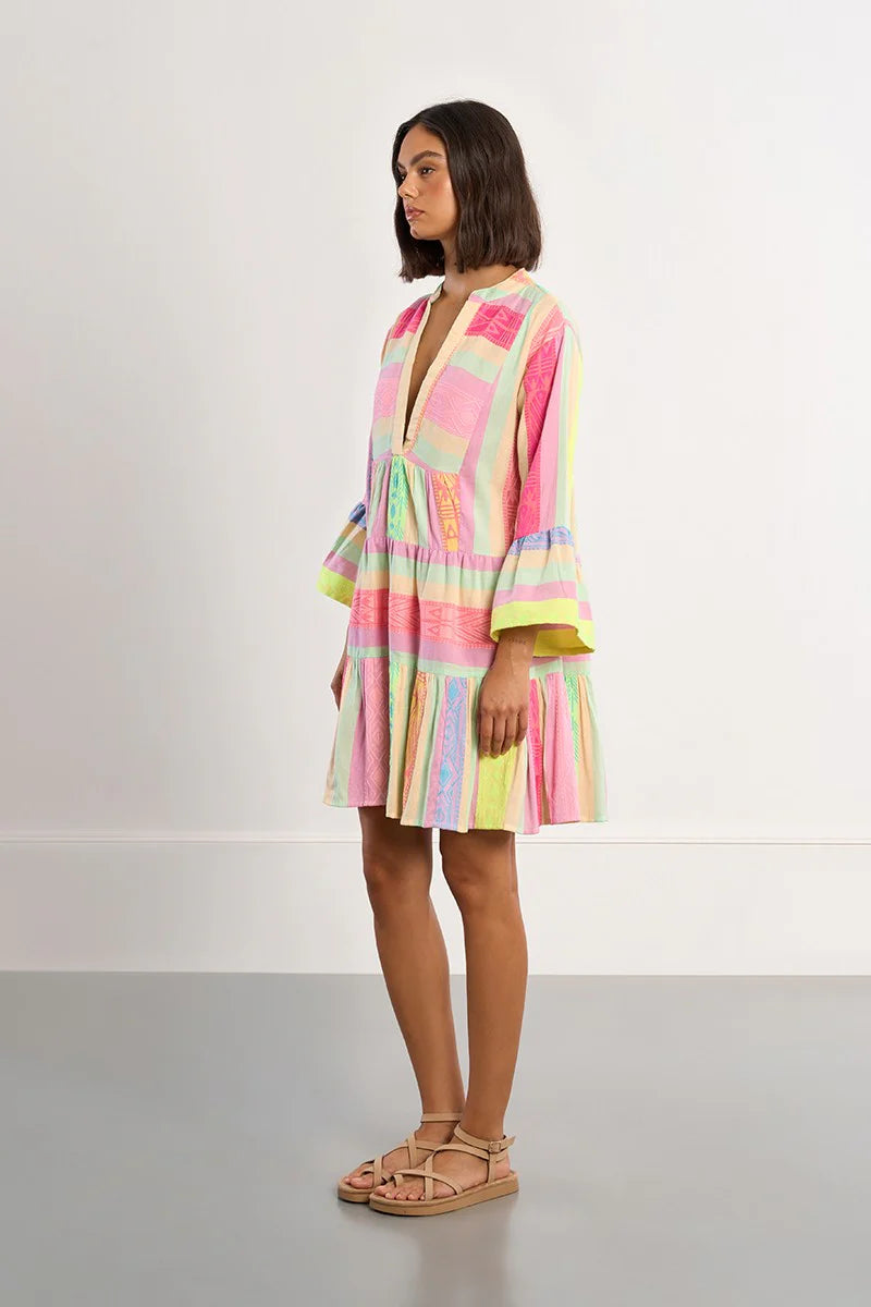 Ibiza Multicolor Short Dress – Deep V-Neck Ruffle Sleeve Summer Dress