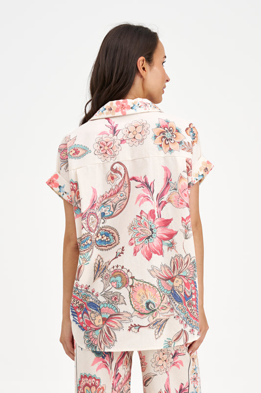 Sunset Boho Paisley Print Oversized Button-Up Top with Floral Border