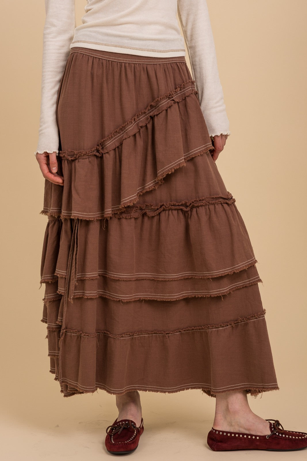 Mocha Asymmetrical Ruffled Tiered Maxi Skirt