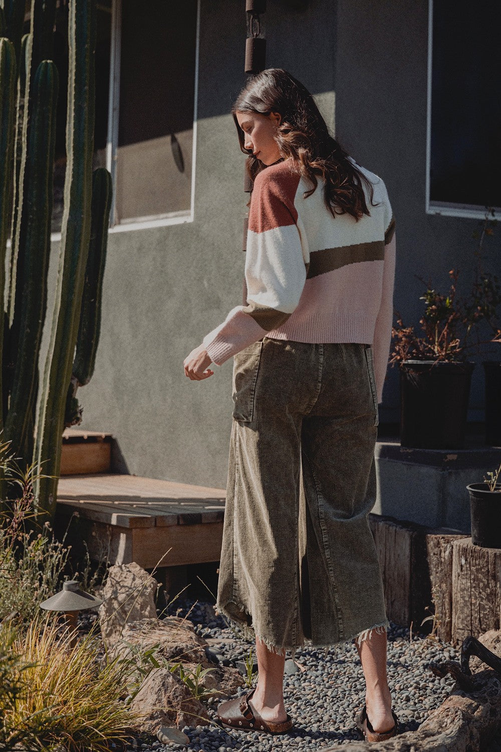 Olive Mineral Washed Corduroy Wide Leg Crop Pants with Frayed Hem
