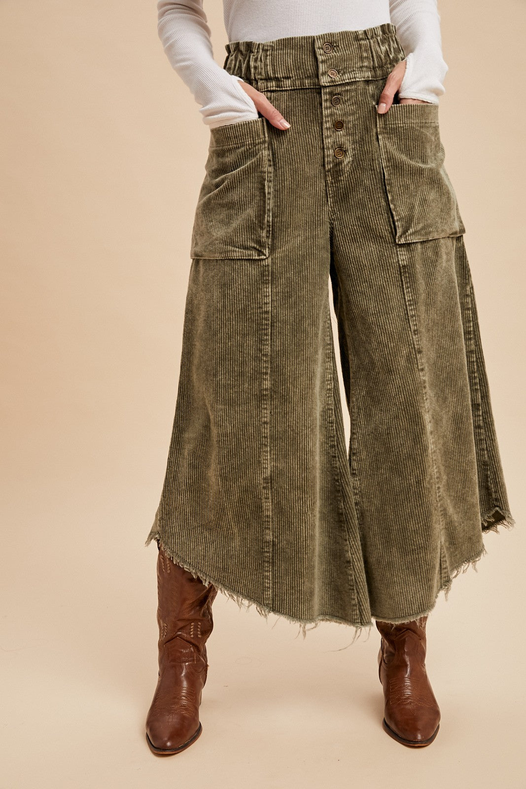 Olive Mineral Washed Corduroy Wide Leg Crop Pants with Frayed Hem
