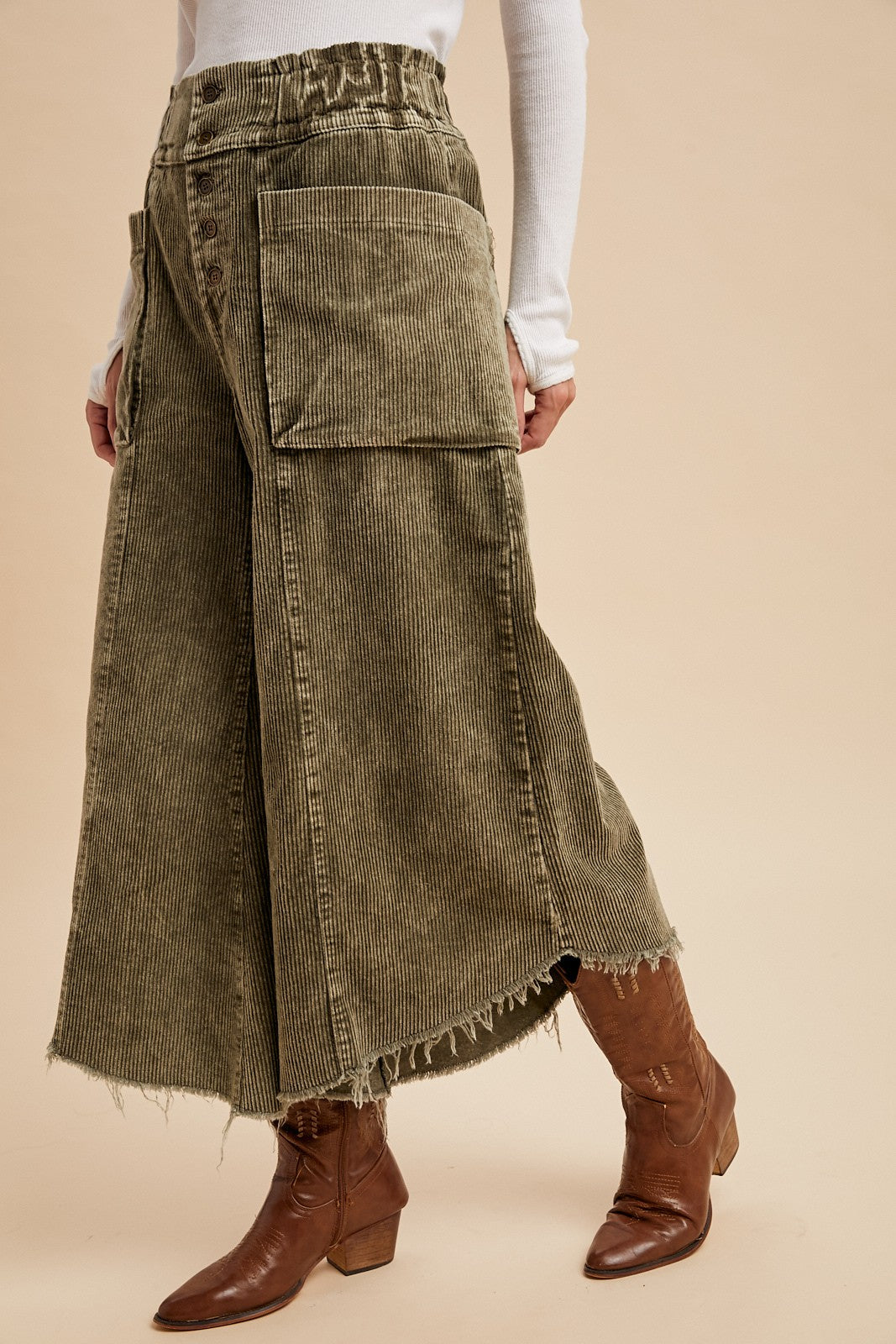 Olive Mineral Washed Corduroy Wide Leg Crop Pants with Frayed Hem