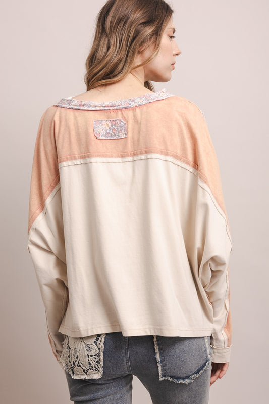 Mineral Washed Heart Patchwork Oversized Long Sleeve Top | Relaxed Dolman Knit