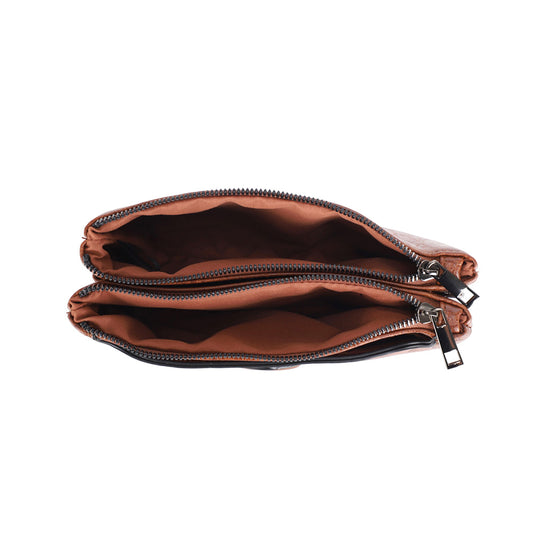 Golden Saddle Tooled Crossbody Wristlet