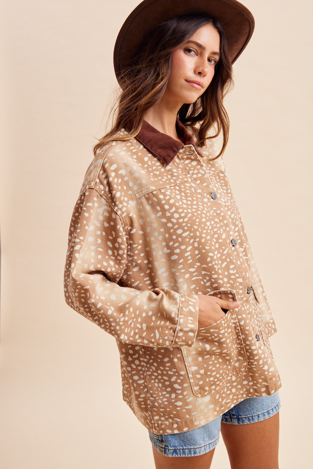 Bambi Deer Print Oversized Denim Jacket with Contrast Collar