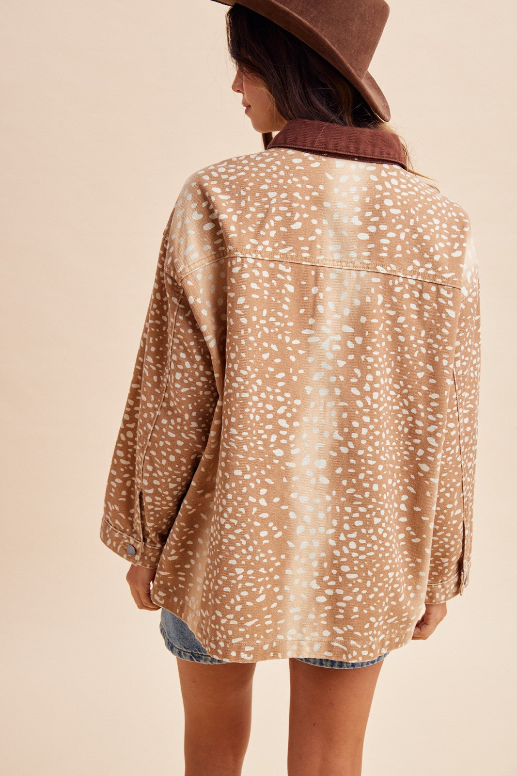 Bambi Deer Print Oversized Denim Jacket with Contrast Collar