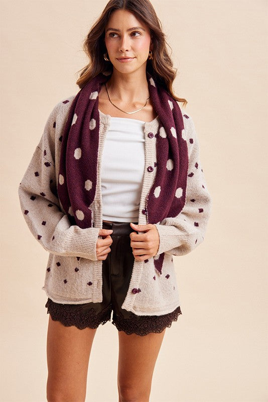 Polka Dot Shawl Collar Oversized Cardigan | Women's Cozy Button Front Sweater