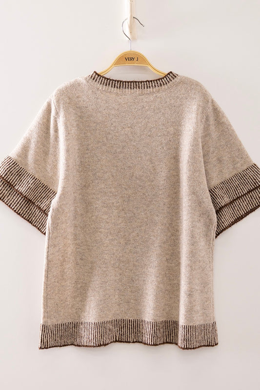 Soft Touch Contrast Rib Knit Short Sleeve Top