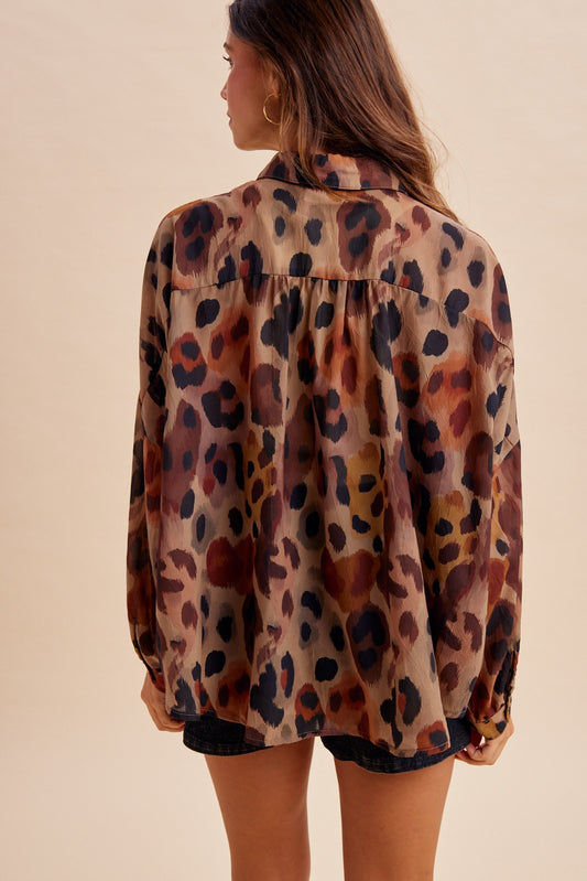 Women's Multicolor Abstract Leopard Print Sheer Button Down Blouse