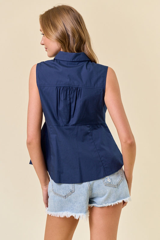 Cotton Poplin Collared Neck Sleeveless Pleated Blouse