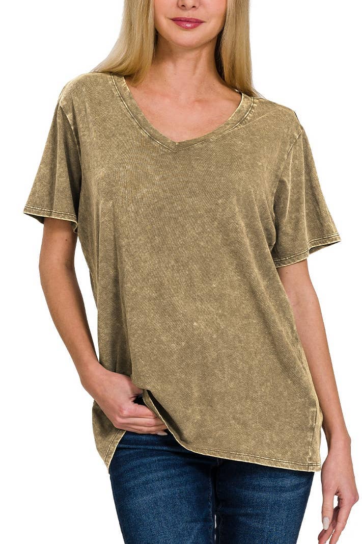 Washed Cotton Short Sleeve V-Neck Top – Relaxed Fit Vintage Style Tee with Soft Fade Finish