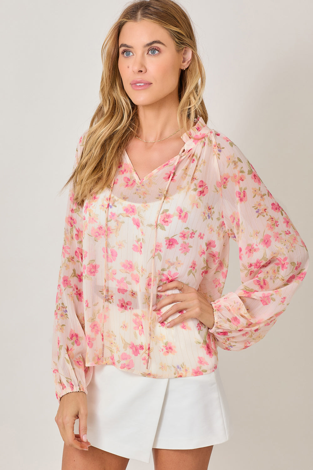 Bubble Sleeve Lurex Ruffle Collar Peasant Blouse