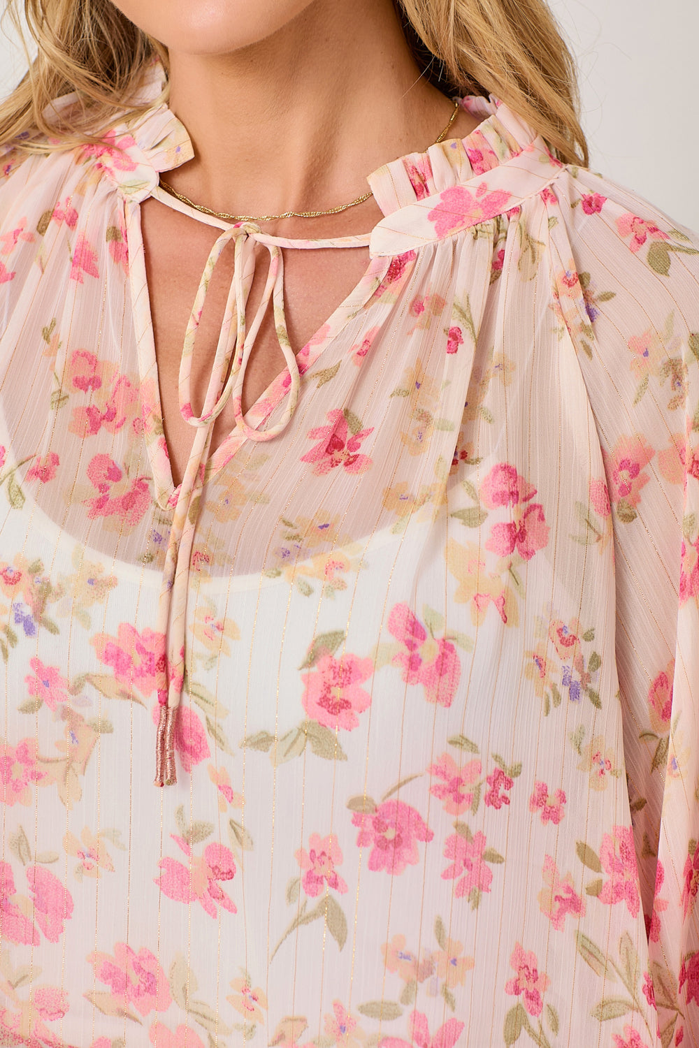 Bubble Sleeve Lurex Ruffle Collar Peasant Blouse