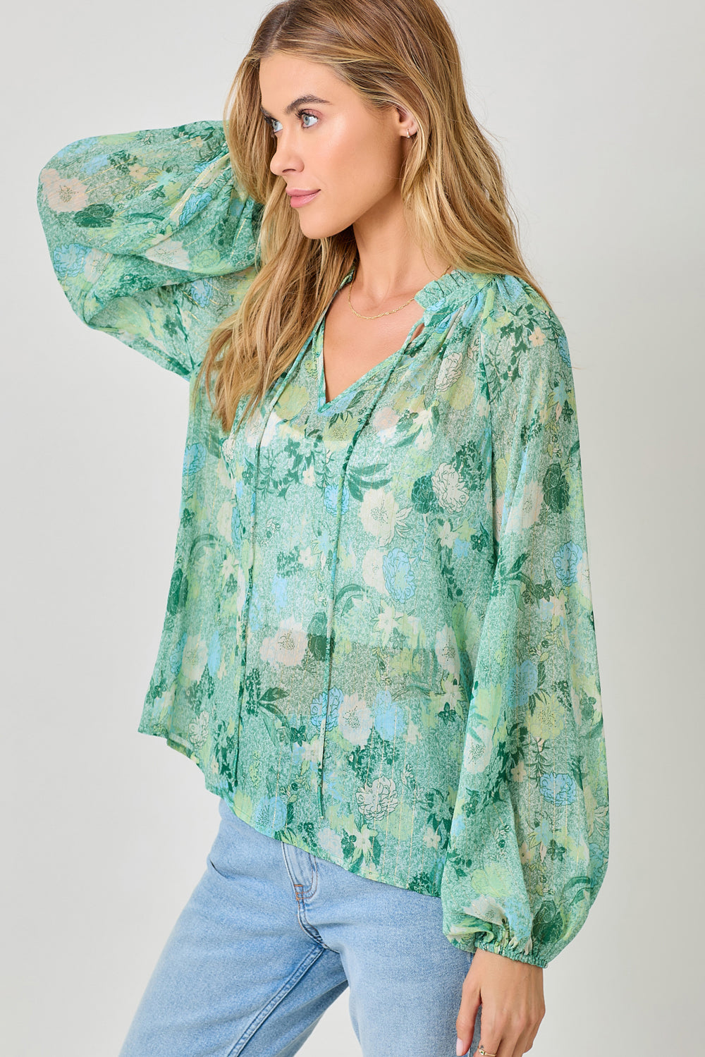 Bubble Sleeve Lurex Ruffle Collar Peasant Blouse