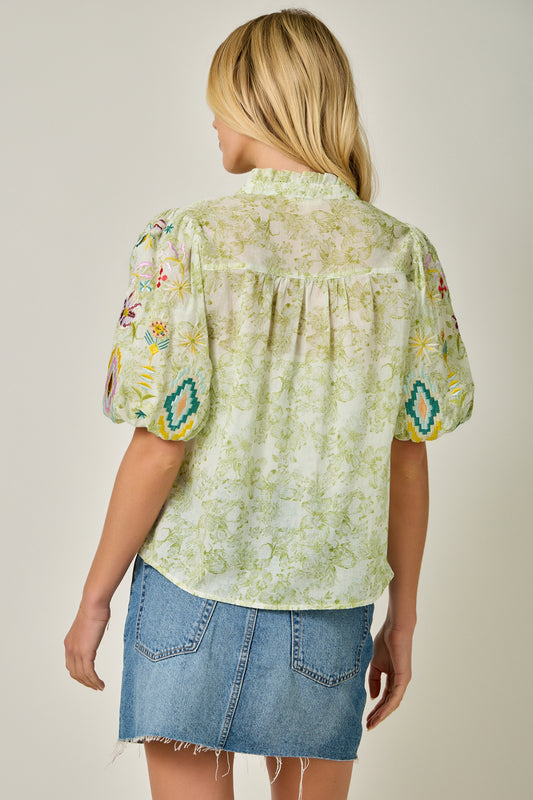 Floral Embroidered Sleeve Peasant Blouse with V-Neck Tie & Puff Sleeves
