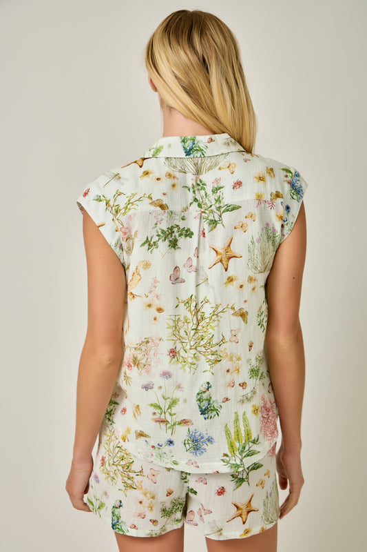 Nature Print Camp Shirt with Collared Neck, Button Down Front & Chest Pockets