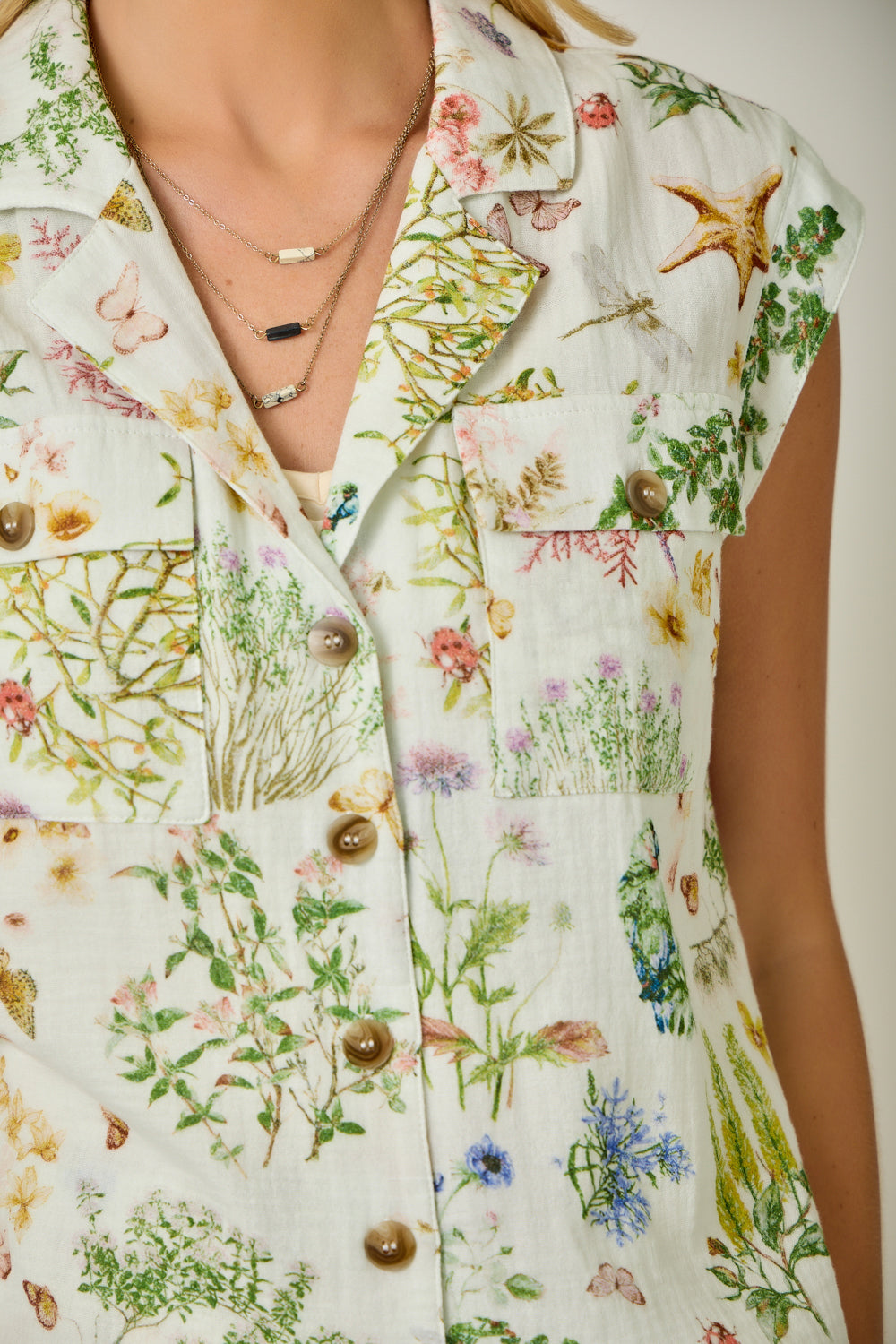 Nature Print Camp Shirt with Collared Neck, Button Down Front & Chest Pockets
