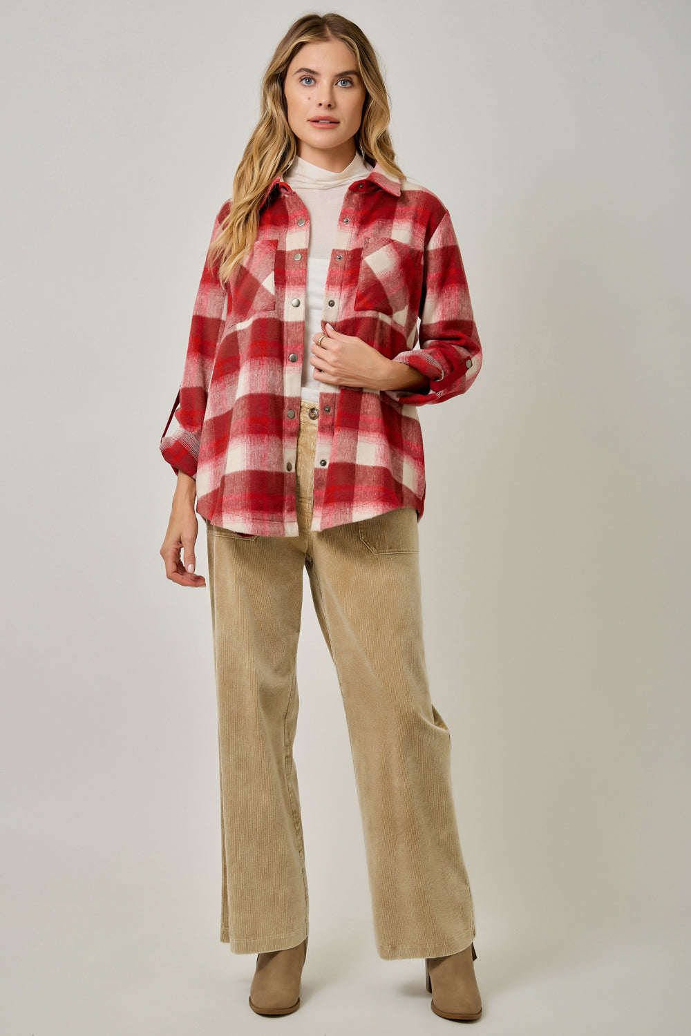 Women's Cozy Mixed Plaid Brushed Shacket | Snap Button Hi-Low Jacket