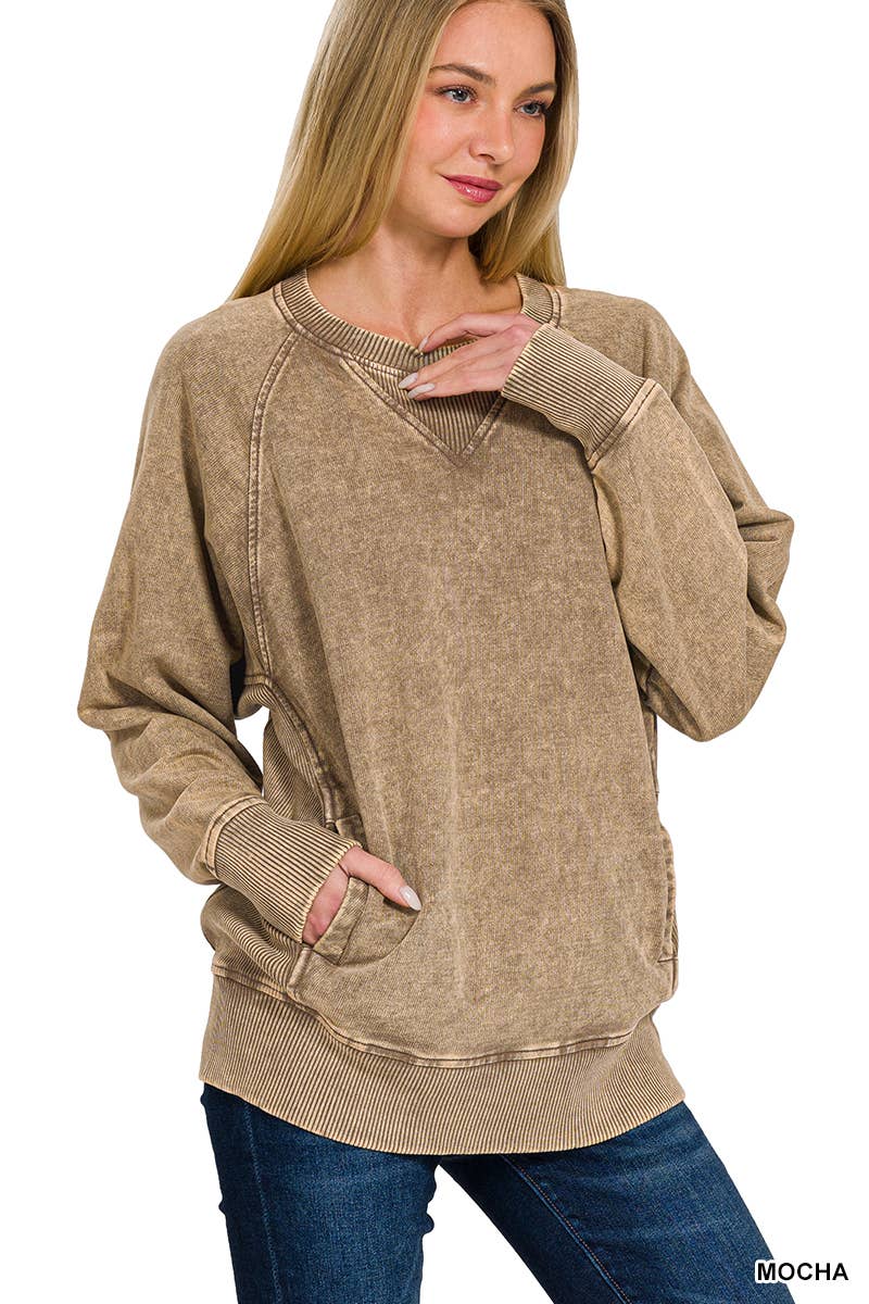 Acid Washed French Terry Pullover Sweatshirt – 100% Cotton Relaxed Fit Top with Pockets & Ribbed Detail