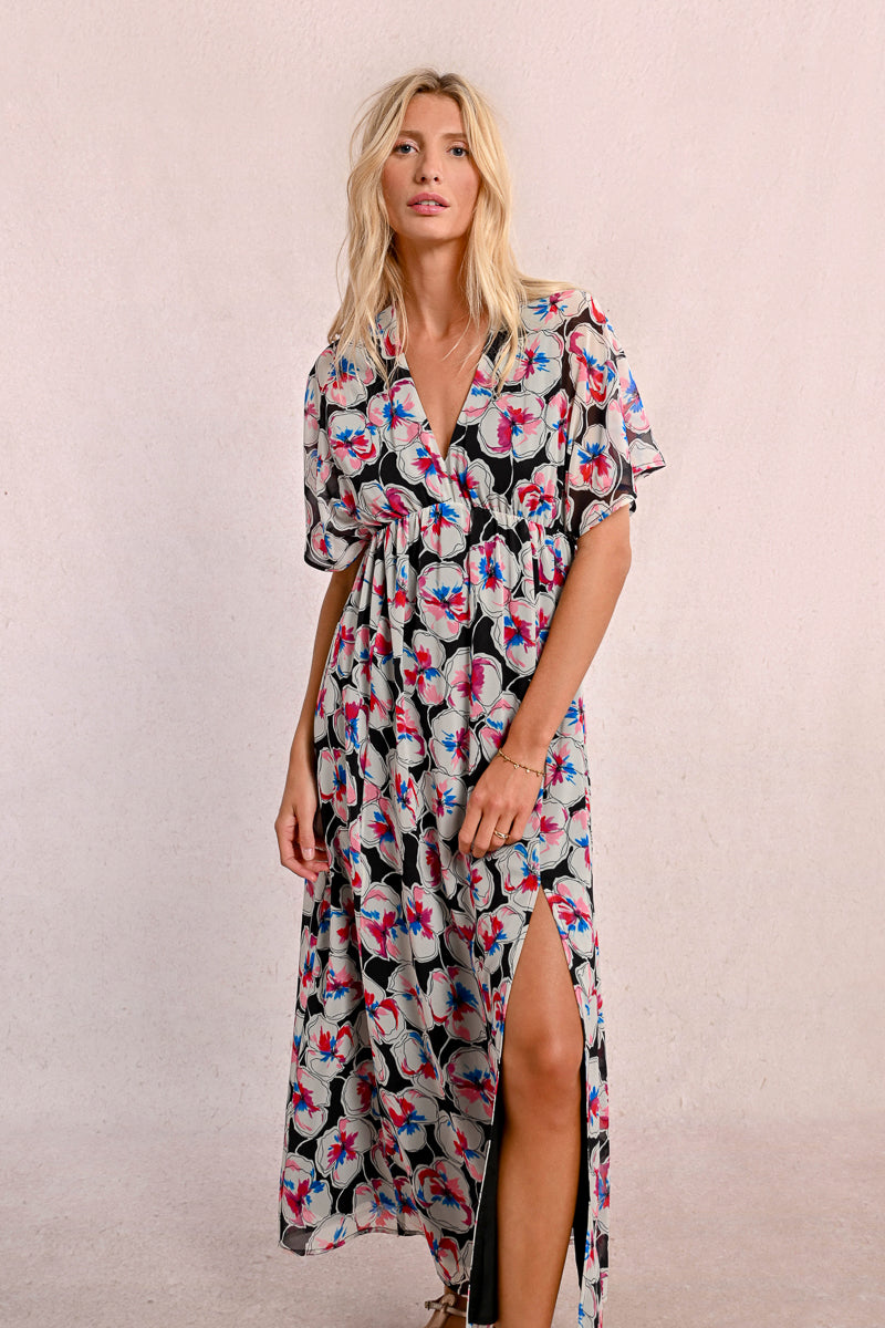 Empire Waist High Slit Floral Maxi Dress Close View Pizzazz Beloit
