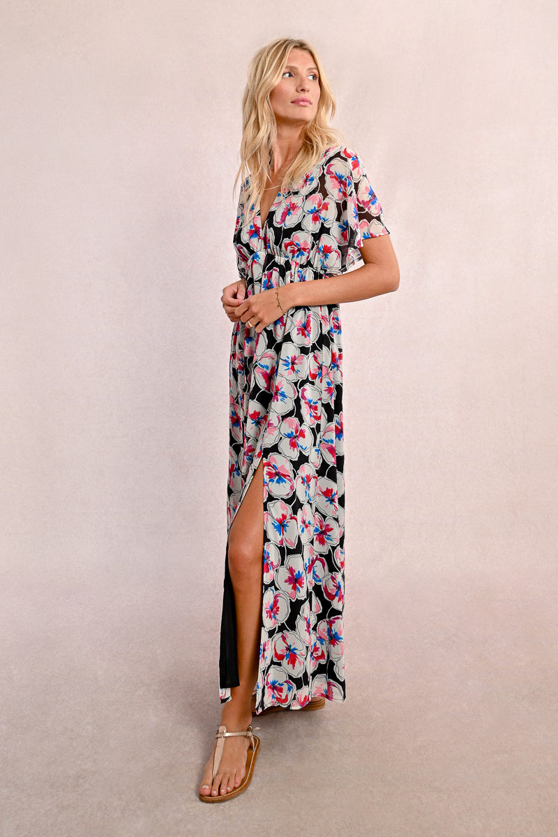 Empire Waist High Slit Floral Maxi Dress Full View Pizzazz Beloit
