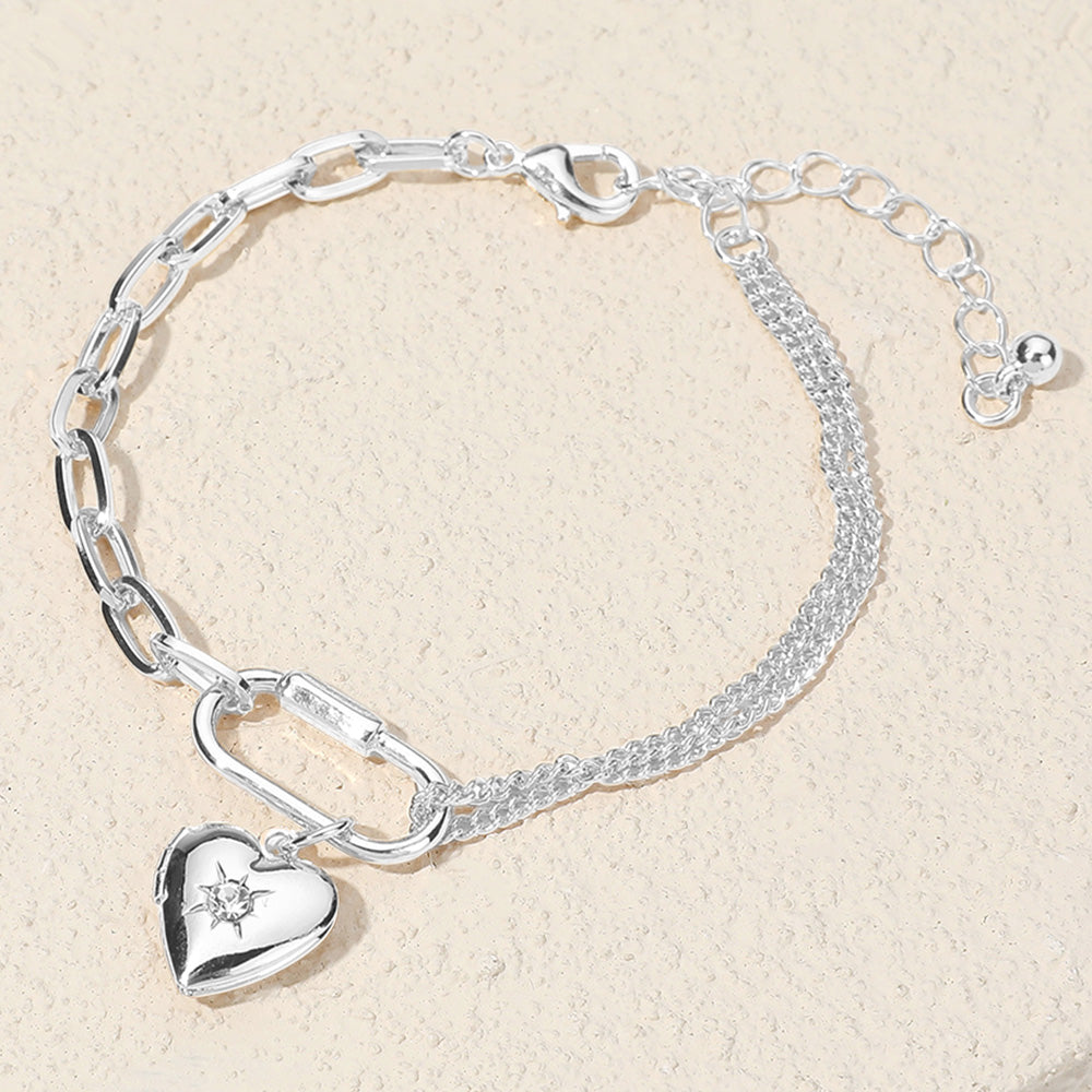 Stone Paved Heart Locket Carabiner Charm Half Paper Clip Chain Bracelet