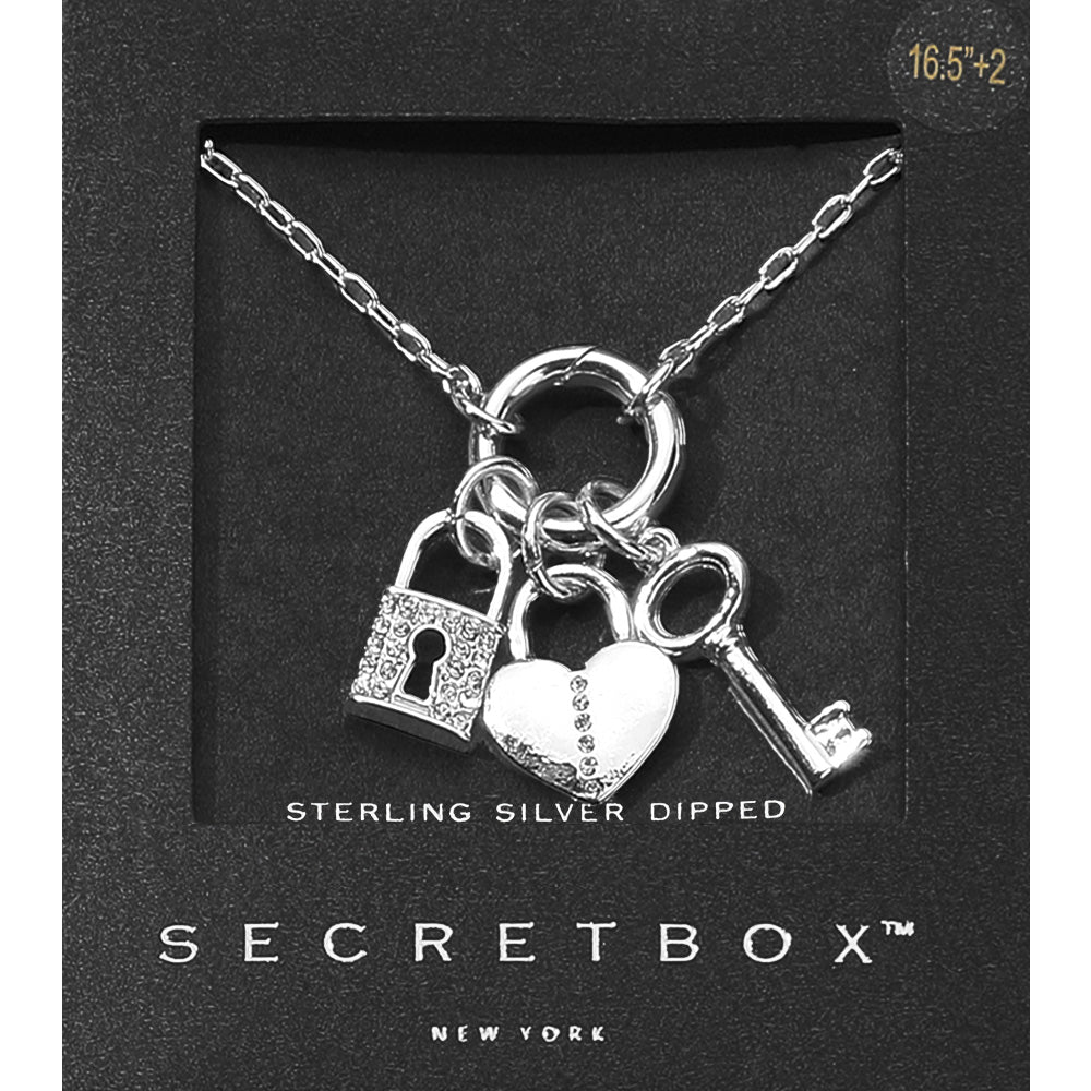 Sterling Silver Dipped Stone Paved Heart Lock Key Pendant Necklace