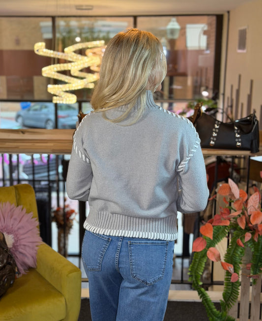 Women’s Contrast Stitch Mock Neck Sweater – Light Grey