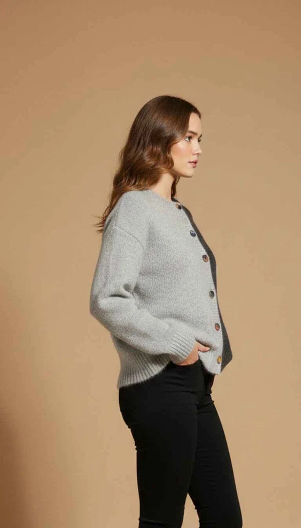 Two-Tone Gray Colorblock Cardigan with Multicolor Buttons
